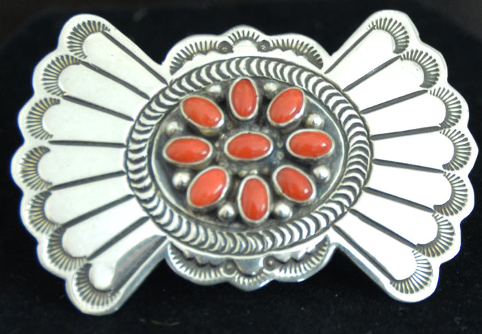 Native American Jewelry : Sterling Silver : Navajo : Lee Charley : Coral Pin : NAJ-29P