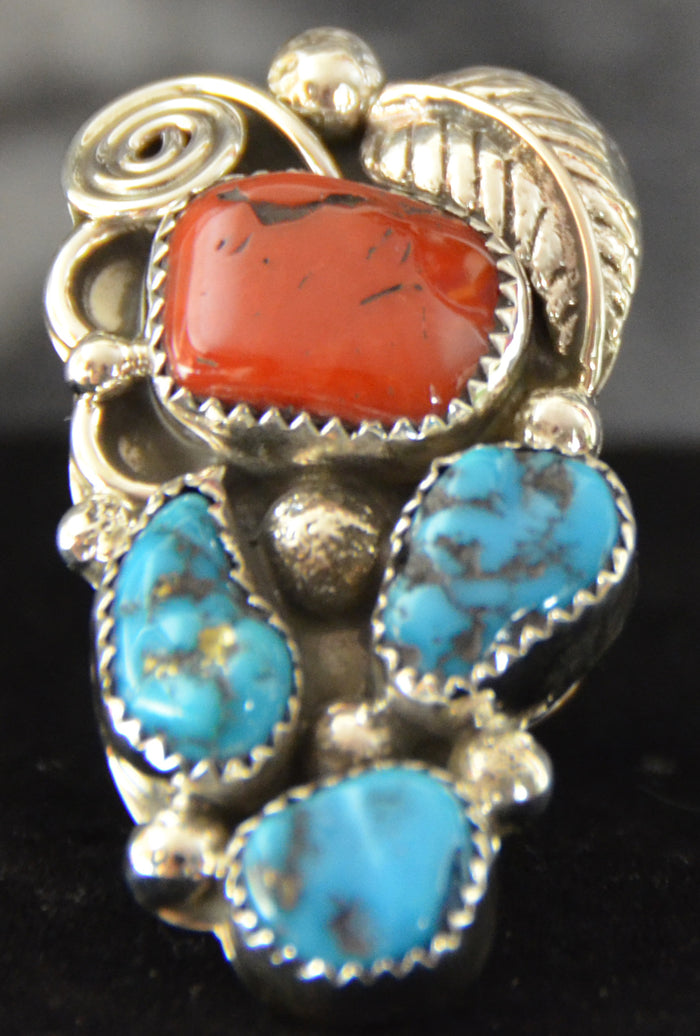 Native American Jewelry : Navajo : Ring : Turquoise and Coral : Kenneth Largo : NAJ- 1R