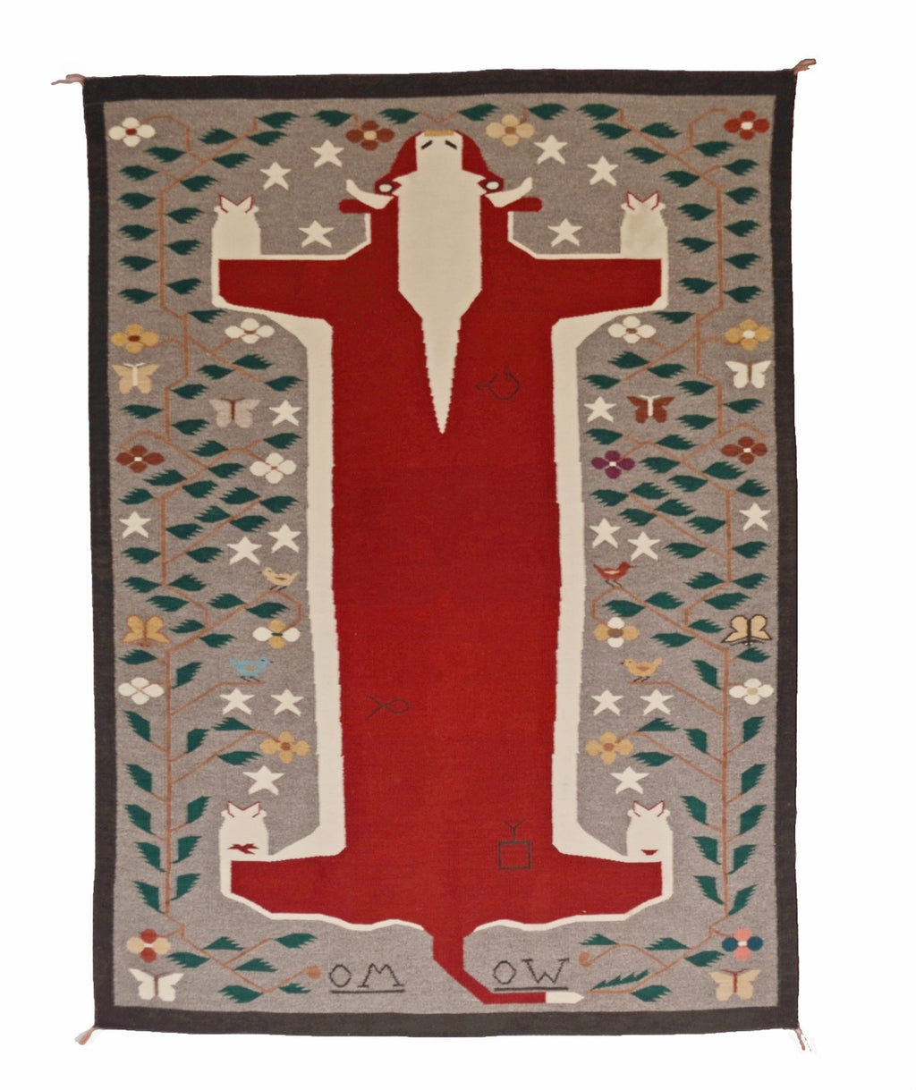 A rectangle  rug woven rug featuring a stylized Cow figure in red and cream , set against a gray background with a border of green leaves, white stars, and small floral motifs.