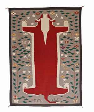 A rectangle  rug woven rug featuring a stylized Cow figure in red and cream , set against a gray background with a border of green leaves, white stars, and small floral motifs.