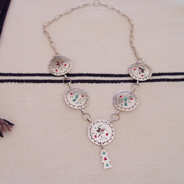 Native American Jewelry : Zuni Hummingbird & Blue Jay Inlay Necklace : Raymond Boyd : NAJ-N5