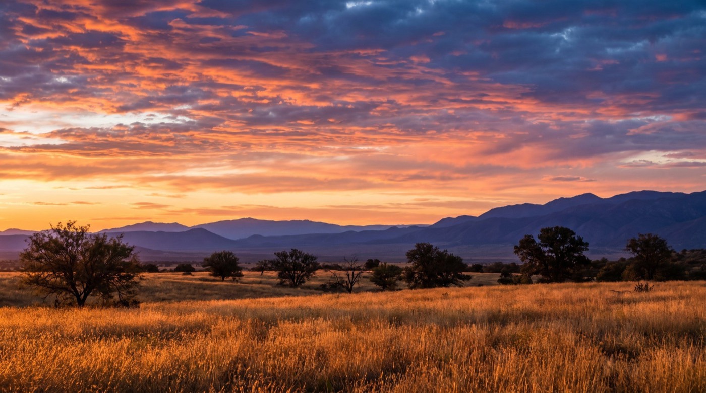 Sunset over the Sonoita grasslands, home of Nizhoni Ranch Gallery